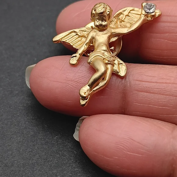 Gold Angel Cherub Pin with Clear Stone Accent - Women Jewelry - Picture 2 of 6